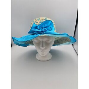 Unbranded Wide Brim Sun Hat Women OS Blue Good Floral Mesh Kentucky Derby